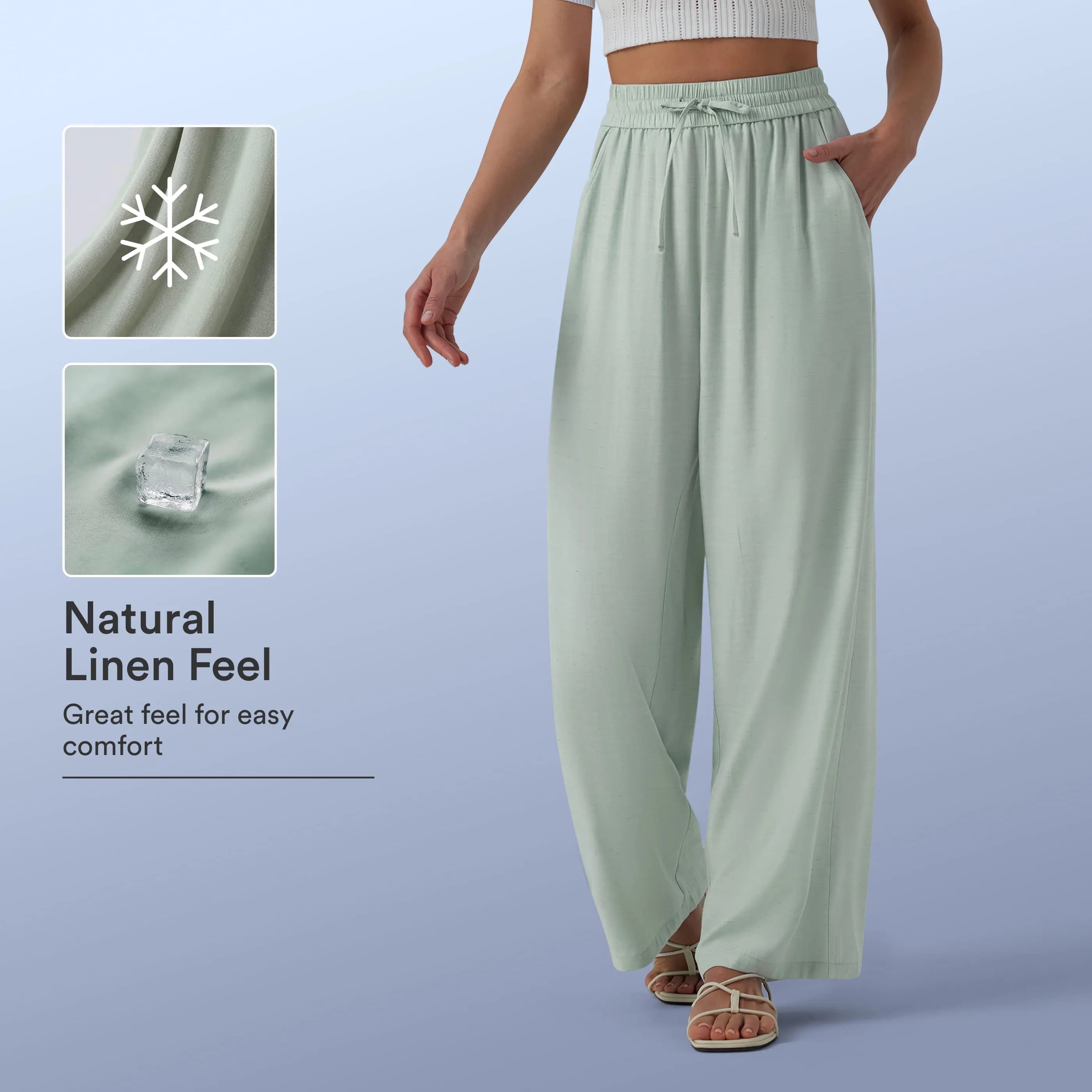 High Waisted Drawstring Wide Leg Casual Linen-Blend Pants with Pockets